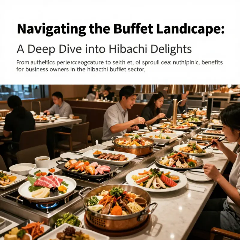 Overview of a bustling hibachi buffet restaurant with various dishes and joyful diners.