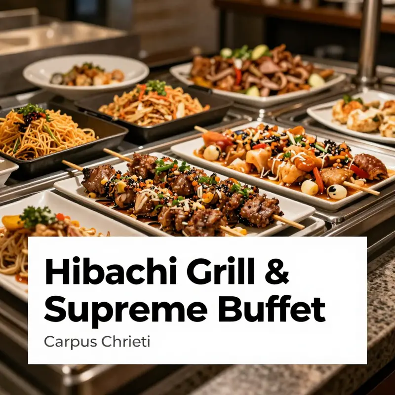 An enticing spread of Asian buffet dishes including sushi, stir-fried vegetables, and grilled meats.