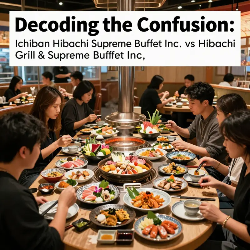 A lively hibachi restaurant filled with diners at a buffet, showcasing a variety of seafood, meats, and vegetables.