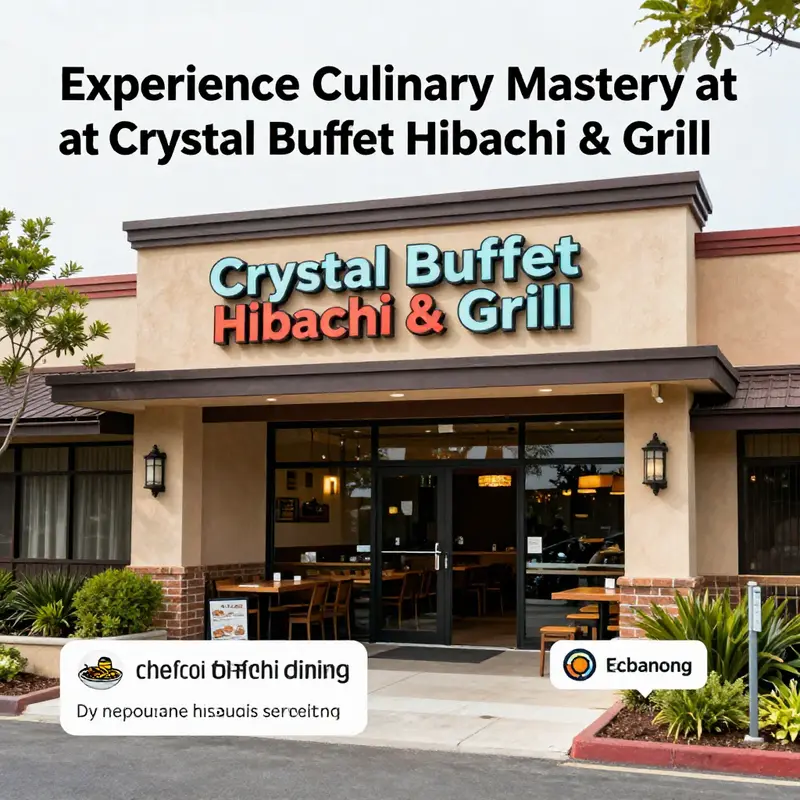 An exterior view of Crystal Buffet Hibachi & Grill featuring lush greenery and vibrant signage.