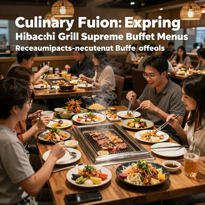 Guests enjoying a vibrant dining experience featuring hibachi grilling and buffet food selections.