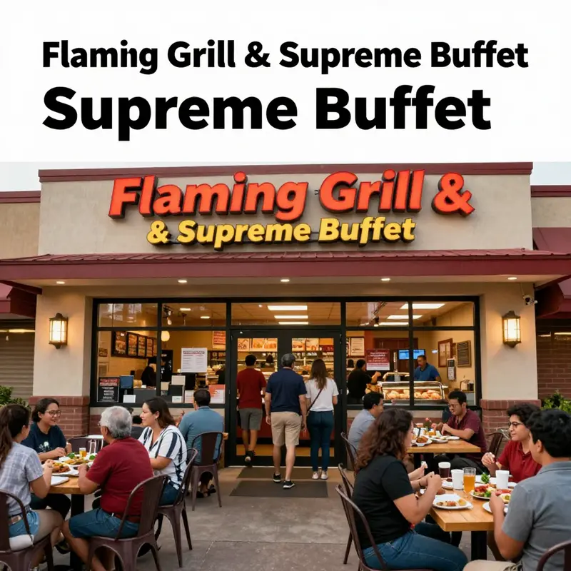 A bright and welcoming entrance of Flaming Grill & Supreme Buffet, bustling with diners and showcasing its lively atmosphere.