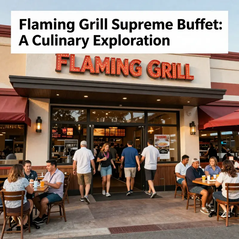 The exterior view of Flaming Grill Supreme Buffet, inviting diners with its bright signage and busy entrance.