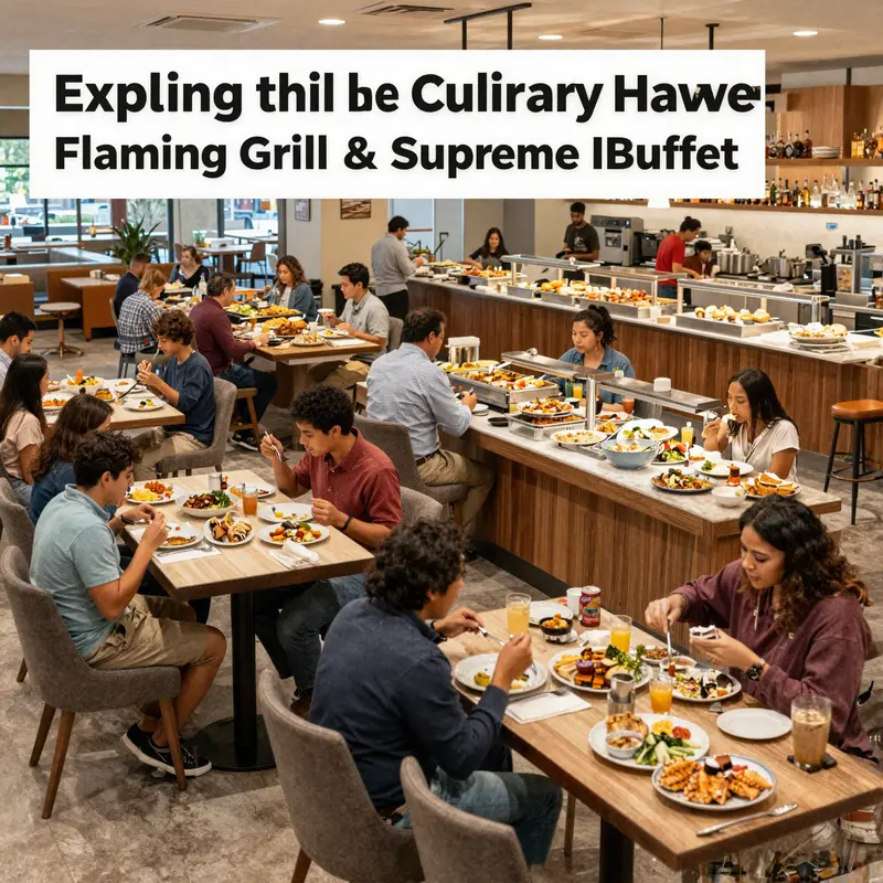 A vibrant dining area at Flaming Grill & Supreme Buffet, bustling with happy diners enjoying their meals.