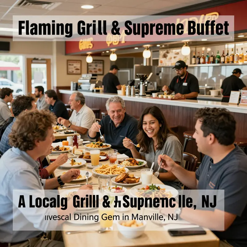 Guests dining at Flaming Grill & Supreme Buffet, enjoying a variety of Asian dishes in a lively atmosphere.