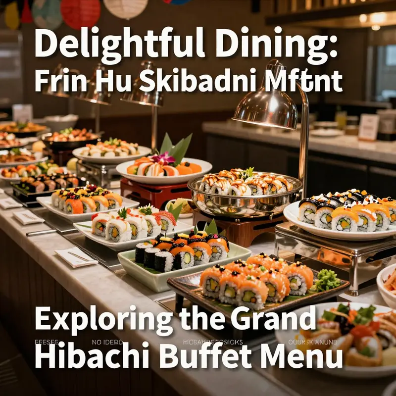 An enticing buffet setup displaying a diverse range of sushi and hibachi dishes in an elegant restaurant setting.
