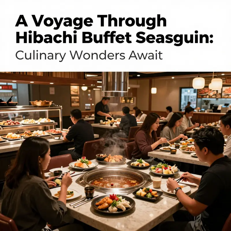 A vibrant scene of diners enjoying a hibachi buffet experience with a variety of food on display.
