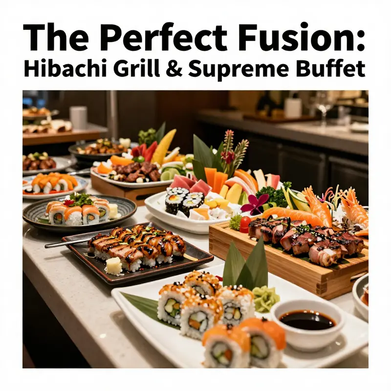 A beautifully arranged buffet table with an assortment of sushi, grilled meats, and vegetables ready for guests to enjoy.