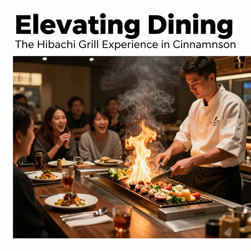 A hibachi chef showcases their culinary skills in front of an engaged audience, emphasizing the interactive aspect of the dining experience.