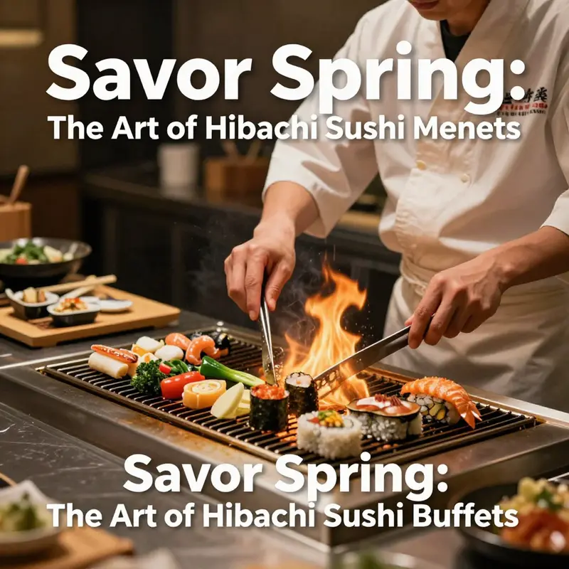 A vibrant selection of spring buffet offerings featuring sushi and hibachi dishes.