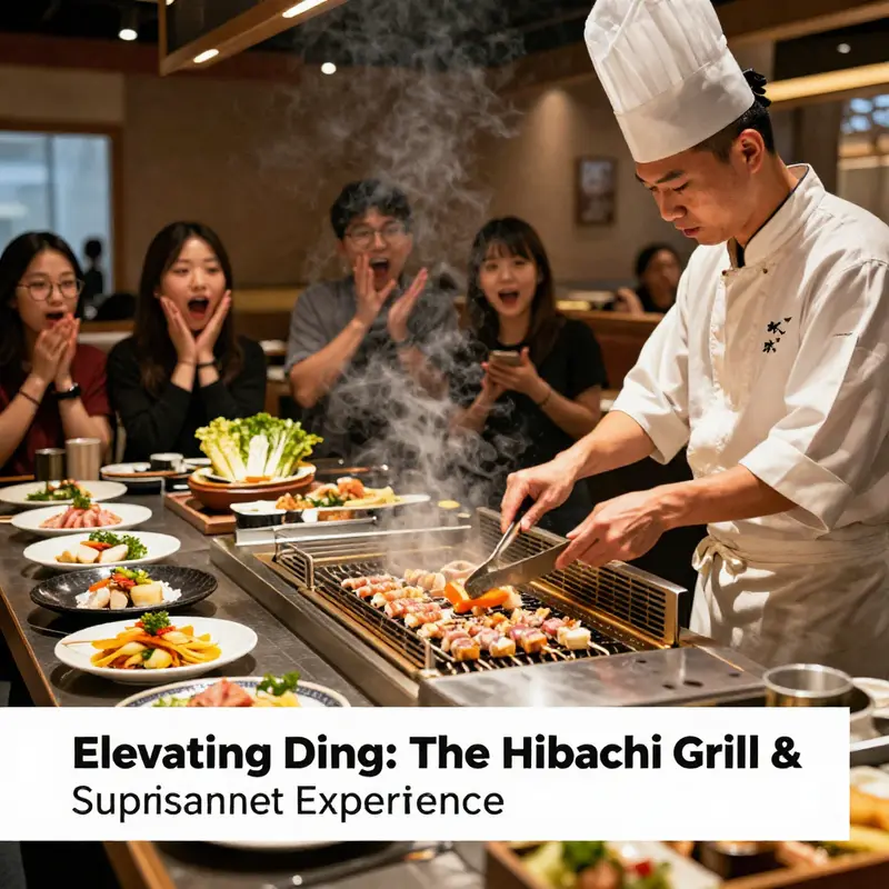 Hibachi grill with chefs cooking and diners enjoying the show.