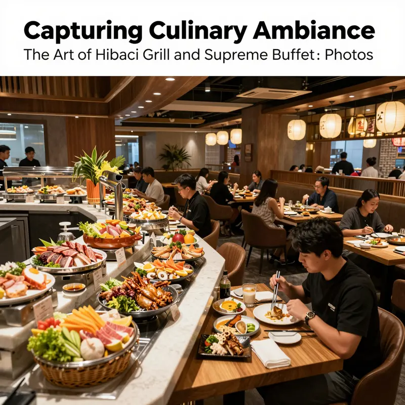 A lively and vibrant interior view of a Hibachi Grill & Supreme Buffet, featuring a beautifully arranged buffet with diners enjoying a meal.