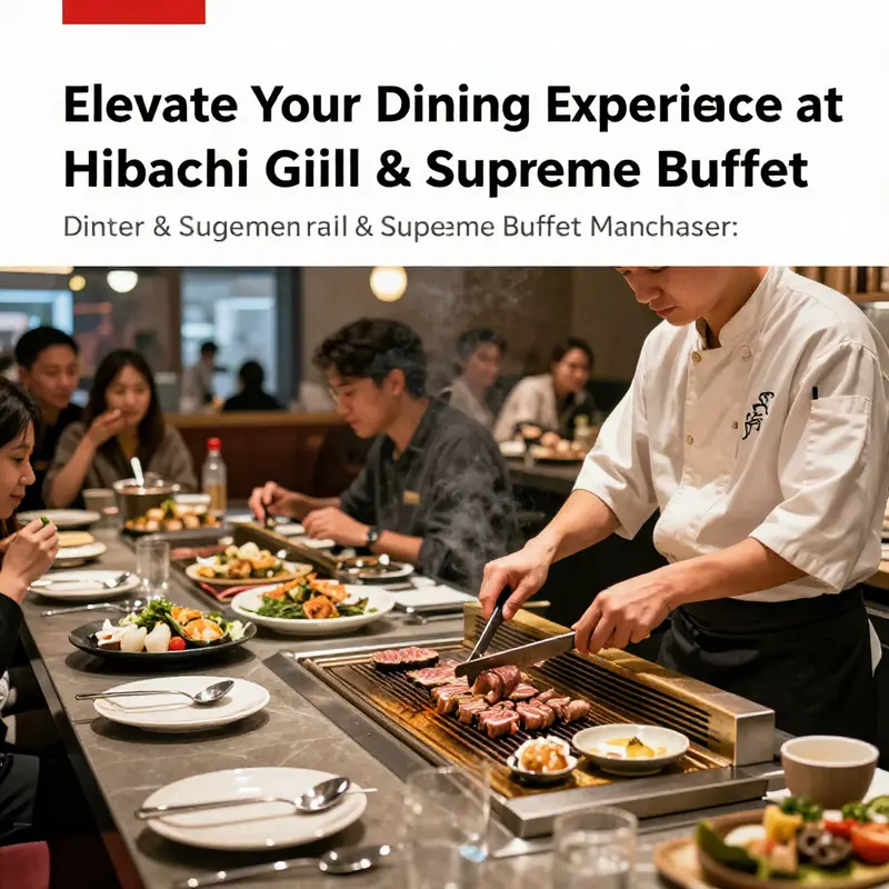 A lively hibachi dining experience showing chefs in action and guests enjoying their meal.