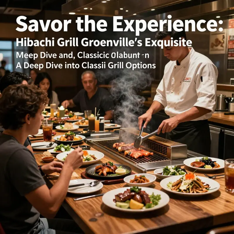 A lively restaurant scene with diners watching a chef skillfully preparing hibachi dishes at the grill.