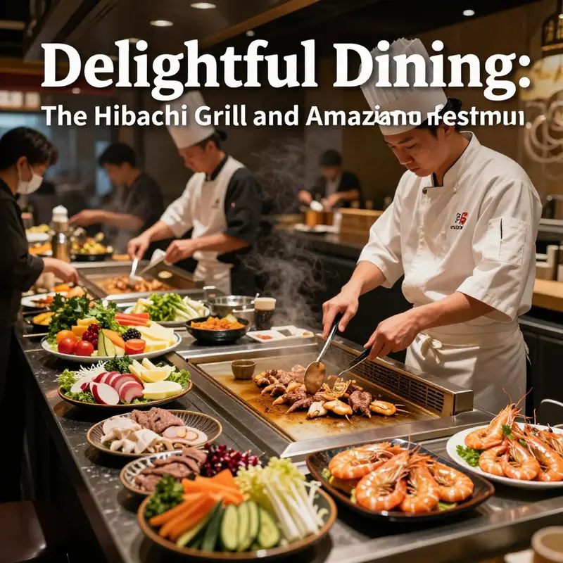 A vibrant hibachi grill station showcasing live cooking with a variety of fresh ingredients.