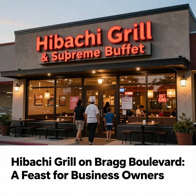An exterior view of Hibachi Grill with families entering the restaurant, showcasing its role as a community dining destination.