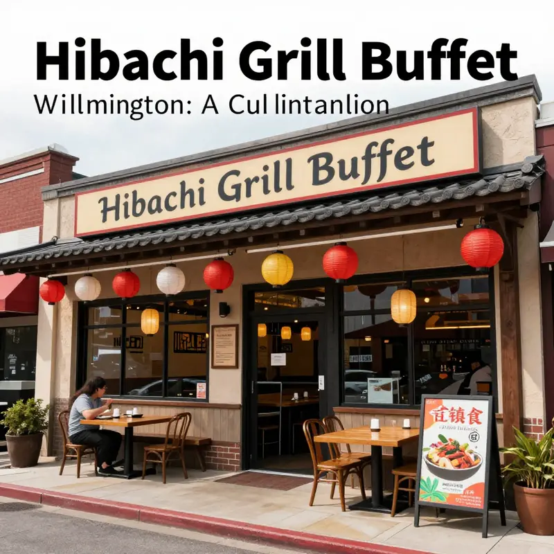 The exterior of Hibachi Grill Buffet showcasing traditional Asian architectural elements and welcoming signage.