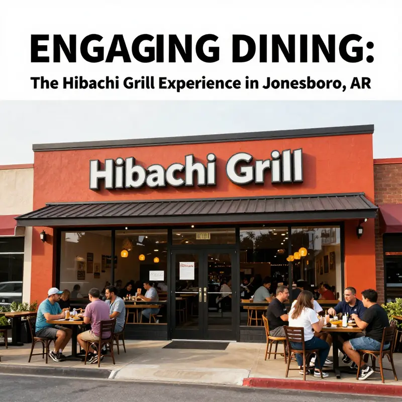 Exterior of Hibachi Grill showing the entrance and lively dining atmosphere.