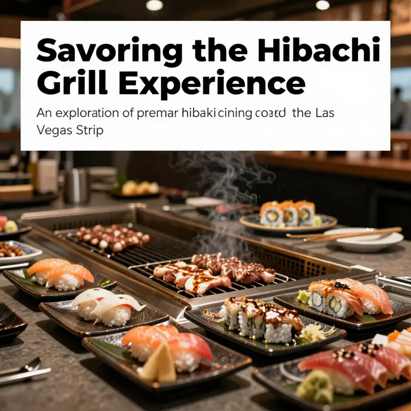 A beautifully arranged hibachi grill restaurant scene with sushi and grilled dishes on display.
