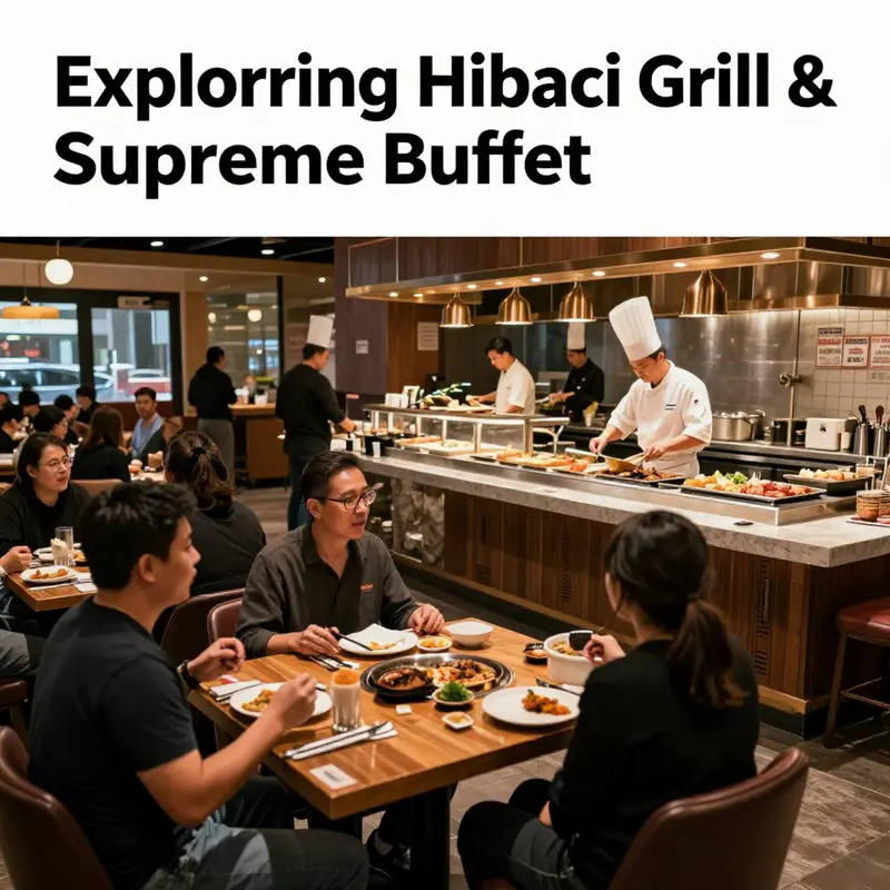 A busy Hibachi Grill & Supreme Buffet filled with diners and chefs at work, showcasing a dynamic dining experience.