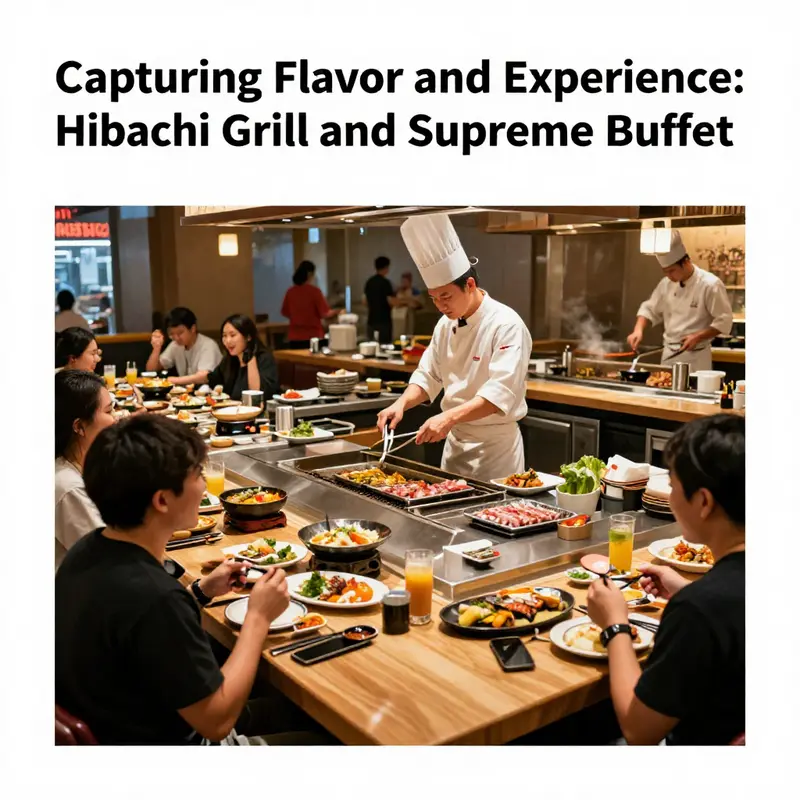 A vibrant view of a hibachi grill restaurant showcasing customers enjoying food and live cooking, capturing the restaurant's inviting atmosphere.