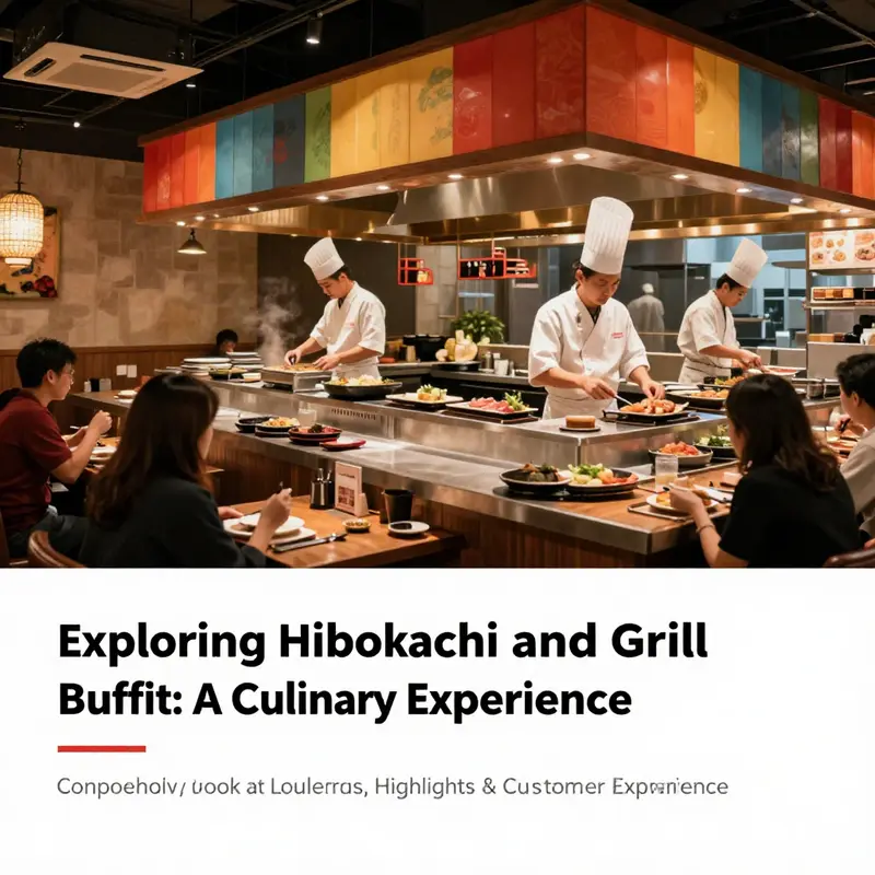 The colorful and energetic interior of a Hibachi Grill & Supreme Buffet, highlighting the chef's cooking performance.