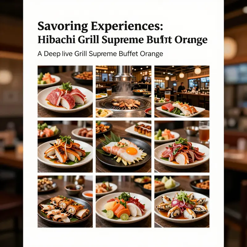 A montage depicting the dining area and food offerings at Hibachi Grill Supreme Buffet Orange, emphasizing its lively atmosphere.