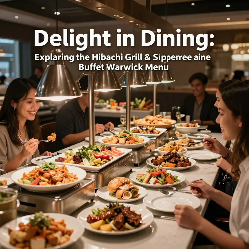 Image showcasing a bustling buffet setup with a variety of colorful dishes and families enjoying their meal at Hibachi Grill & Supreme Buffet.