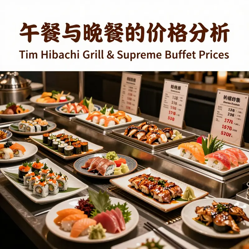 A colorful display of dishes available at Hibachi Grill during lunch and dinner, highlighting the buffet pricing.