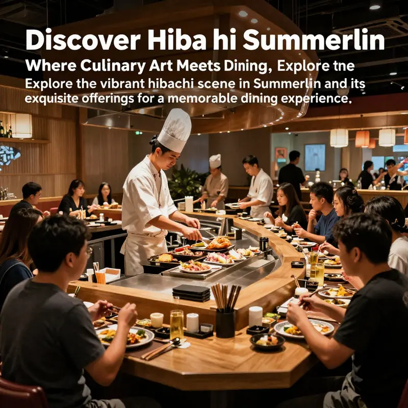 A lively hibachi restaurant scene with chefs performing, showcasing both the food and dining experience.