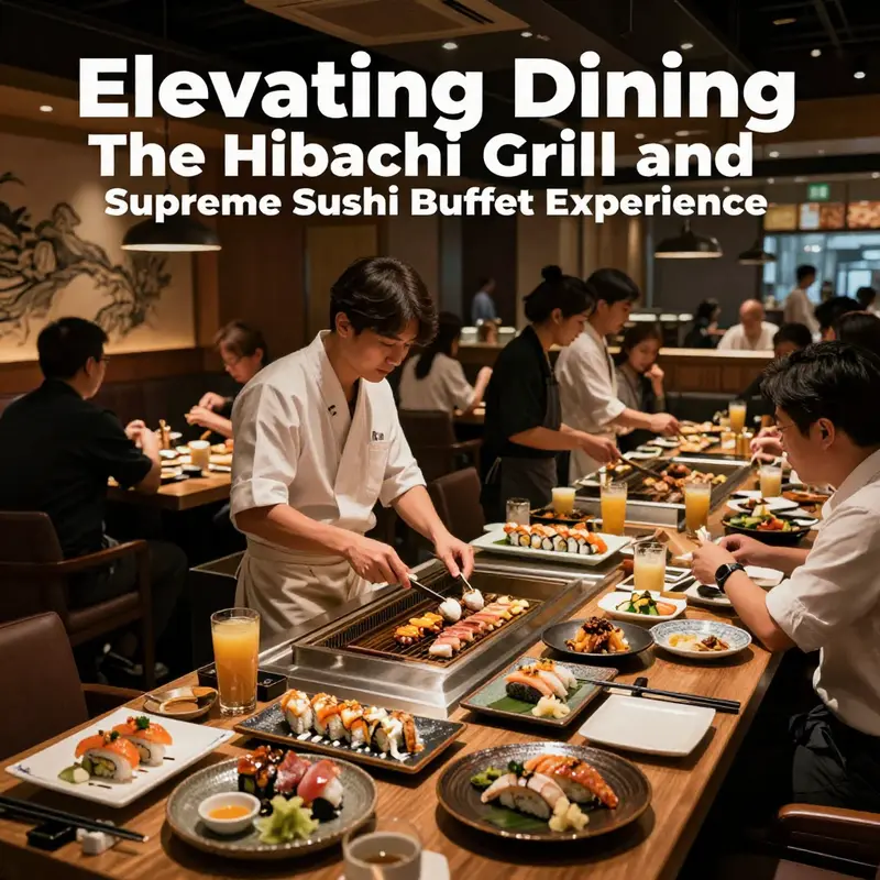 An overview of the Hibachi Grill and Supreme Sushi Buffet filled with happy diners experiencing a vibrant dining atmosphere.