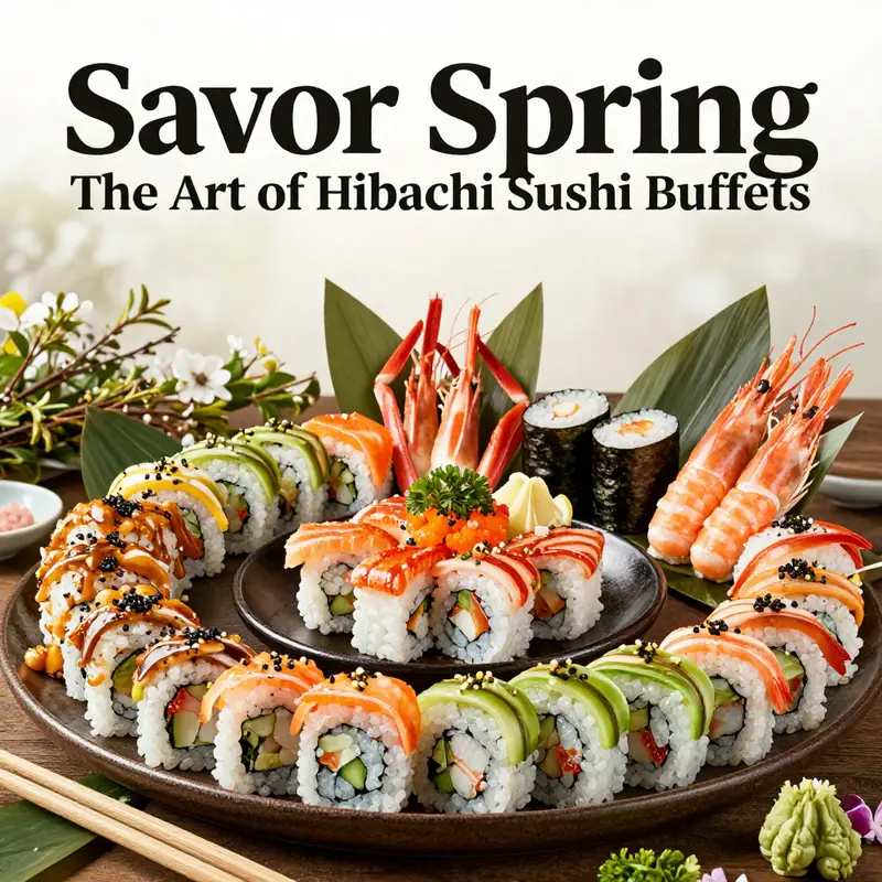 A vibrant selection of spring buffet offerings featuring sushi and hibachi dishes.