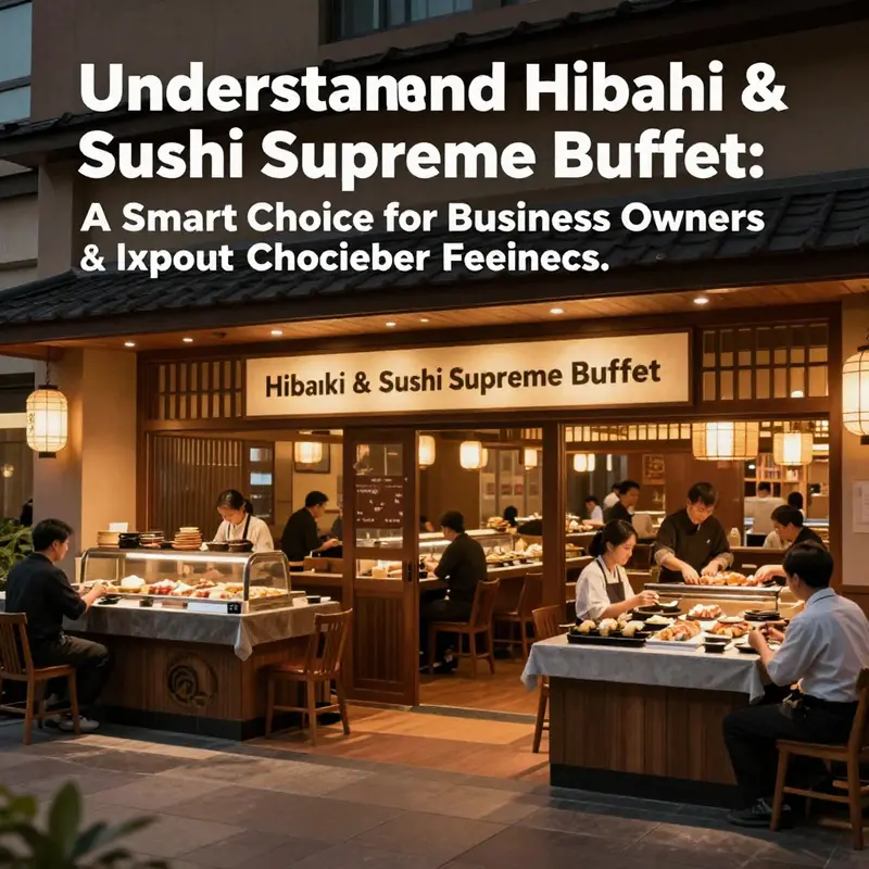 The entrance of a Hibachi & Sushi Supreme Buffet showcasing a busy and warm environment.