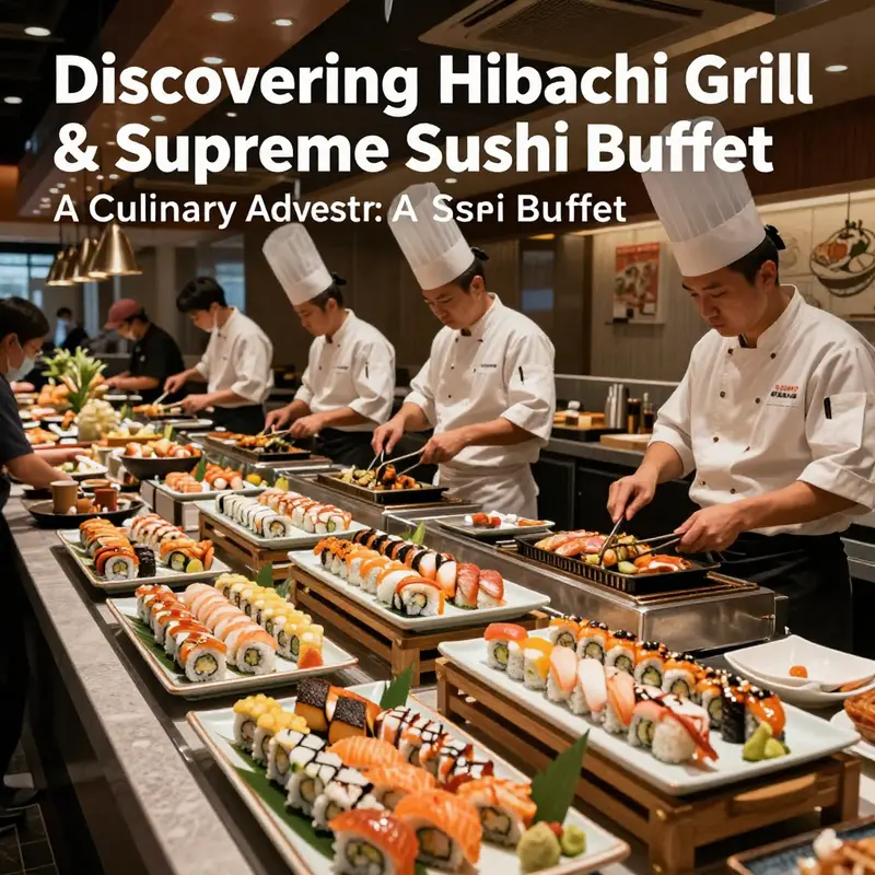 A chef grilling hibachi food with sushi displays in a busy restaurant, capturing the excitement of Hibachi Grill & Supreme Sushi Buffet.