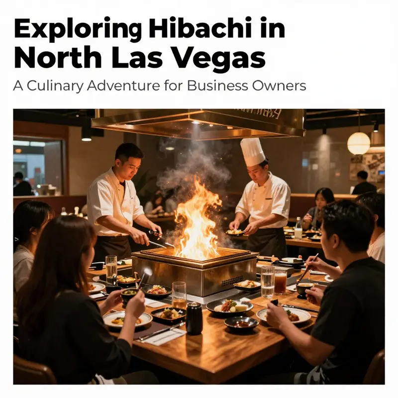 Chefs performing at a hibachi grill in North Las Vegas while diners watch, in a lively and interactive dining setting.