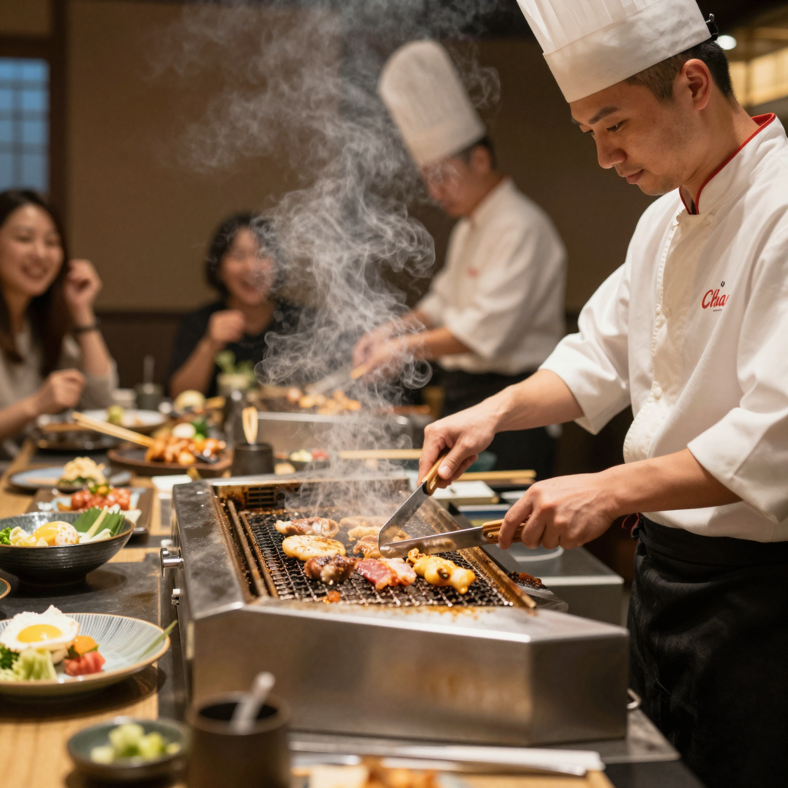 Hibachi grill cooking with food sizzling in a lively restaurant atmosphere.