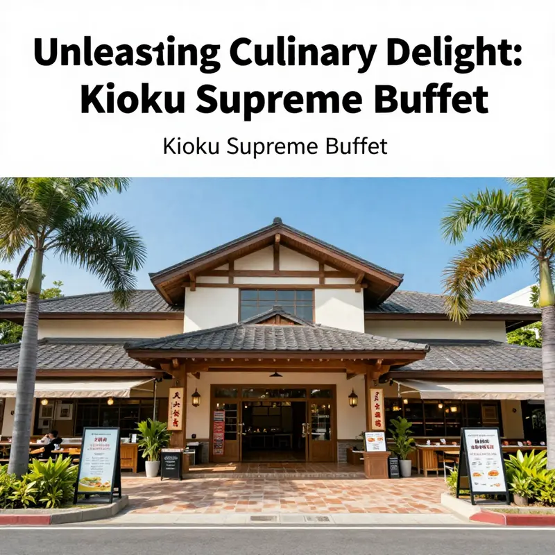 Exterior photograph of Kioku Supreme Buffet with clear signage and an inviting entrance against a blue sky.