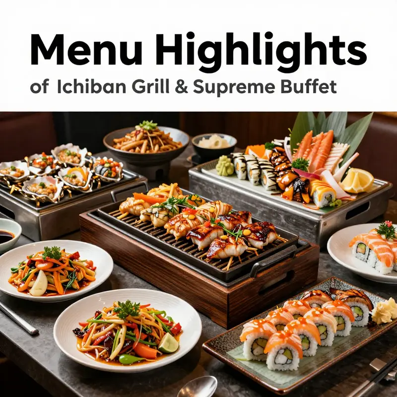A display of diverse and colorful dishes that showcase the culinary offerings at Ichiban Grill & Supreme Buffet.
