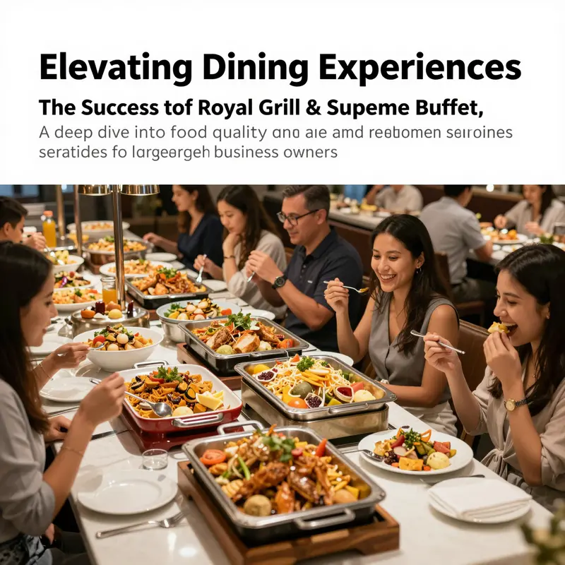 A vibrant buffet scene with a variety of dishes and happy diners at Royal Grill & Supreme Buffet.