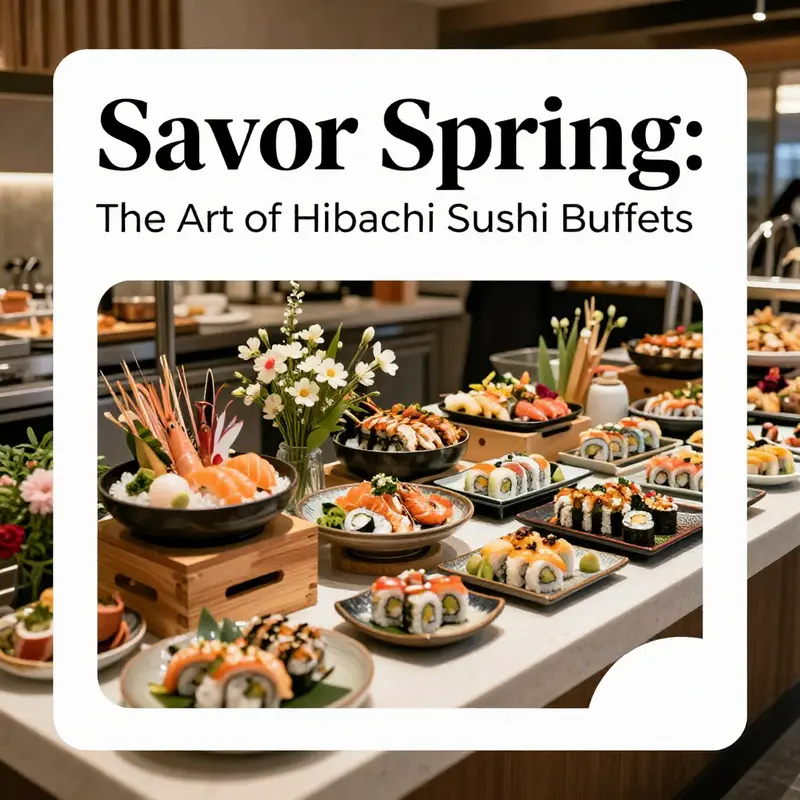 A buffet table filled with a variety of sushi and hibachi offerings, accented with spring decorations.