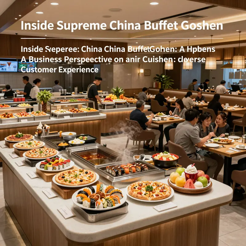 Panoramic interior of Supreme China Buffet Goshen showing multiple food stations and diners in a warm, inviting atmosphere.