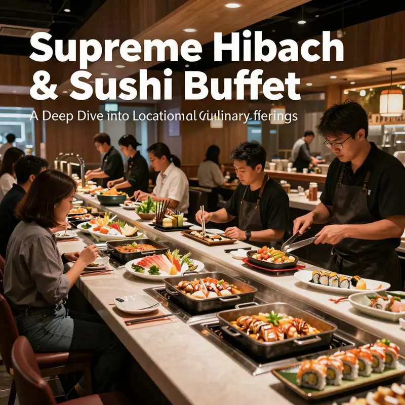 A bustling buffet scene at Supreme Hibachi & Sushi Buffet with families and friends enjoying hibachi and sushi dishes.