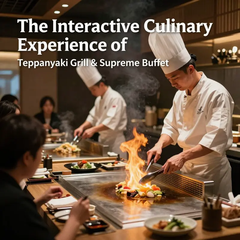 Chefs demonstrate their culinary skills at Teppanyaki Grill, creating an interactive dining experience for guests.