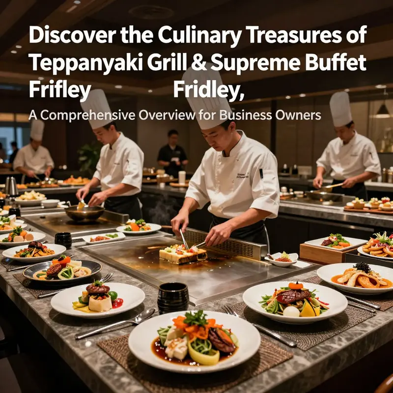 A lively scene of Teppanyaki chefs cooking on a grill, surrounded by delicious buffet offerings.