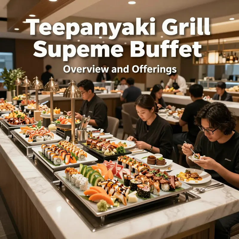A bright, bustling buffet area filled with diverse food options at Teppanyaki Grill Supreme Buffet.