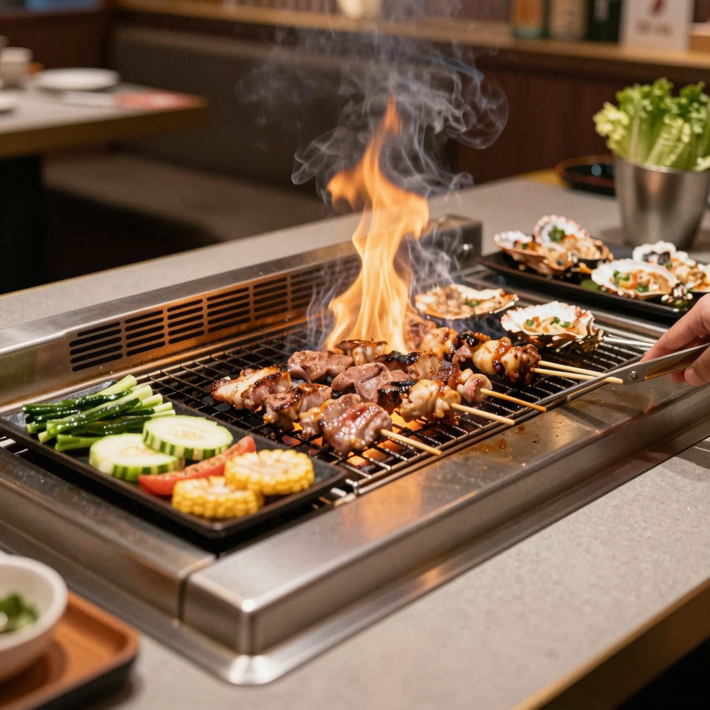 A visually appealing hibachi grill showcasing its features such as the grilling surface, flames, and food preparation area. The grill should be set in a restaurant environment, with various ingredients like vegetables, meat, and seafood being grilled. The scene should convey a lively and authentic hibachi dining experience.
