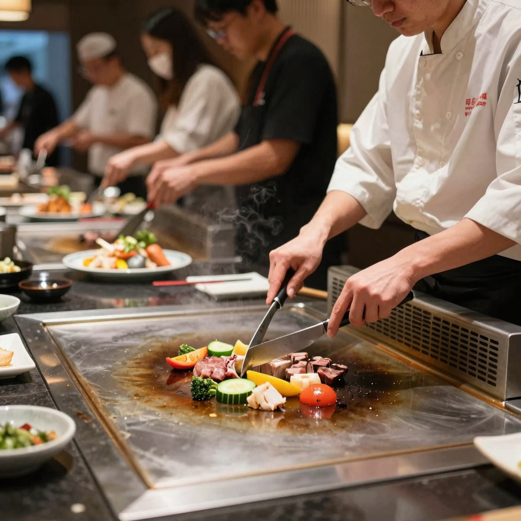 Teppanyaki grill in action at a buffet setting