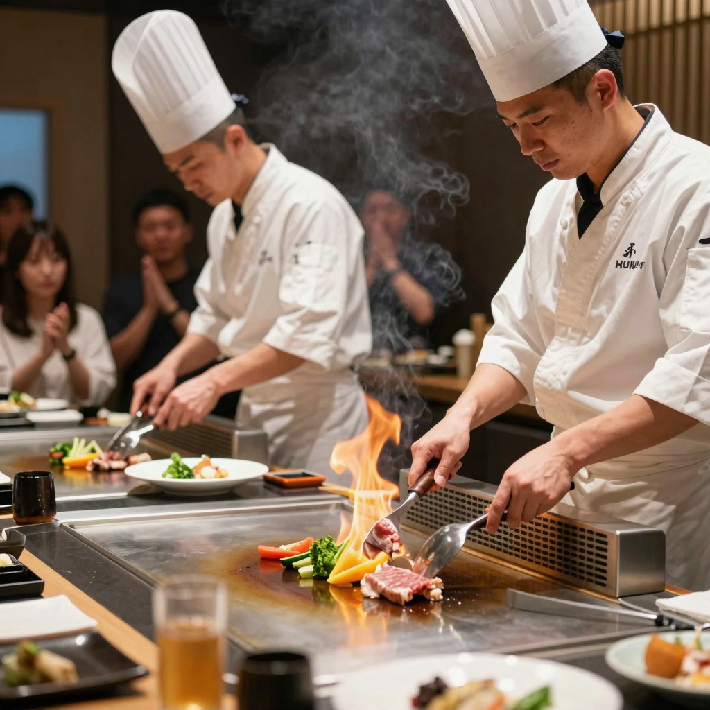 Teppanyaki grill in action with chefs cooking