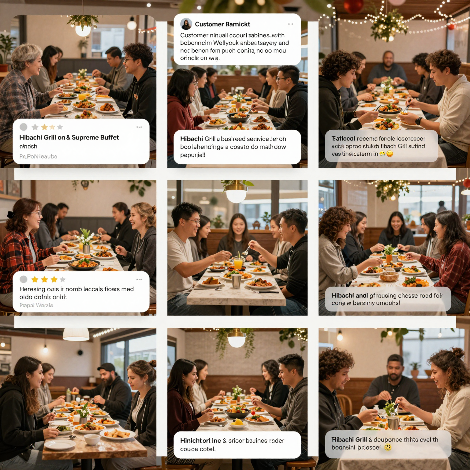 Customer testimonials montage featuring satisfied business owners praising Hibachi Grill & Supreme Buffet for hosting their events.