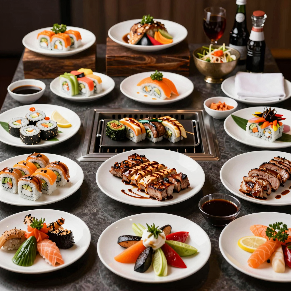 A vibrant display of various dishes available at a Hibachi Grill & Supreme Buffet. The image should feature colorful sushi, grilled meats, fresh vegetables, and a variety of international cuisine items arranged elegantly to showcase the buffet's diversity.